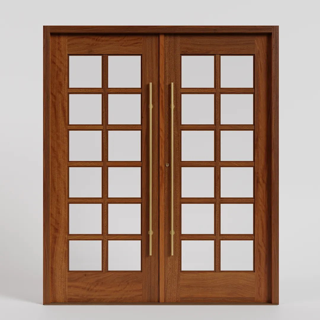 Colette Full Panel French Glass Exterior Double Doors with long brass handles and matching wood jamb.