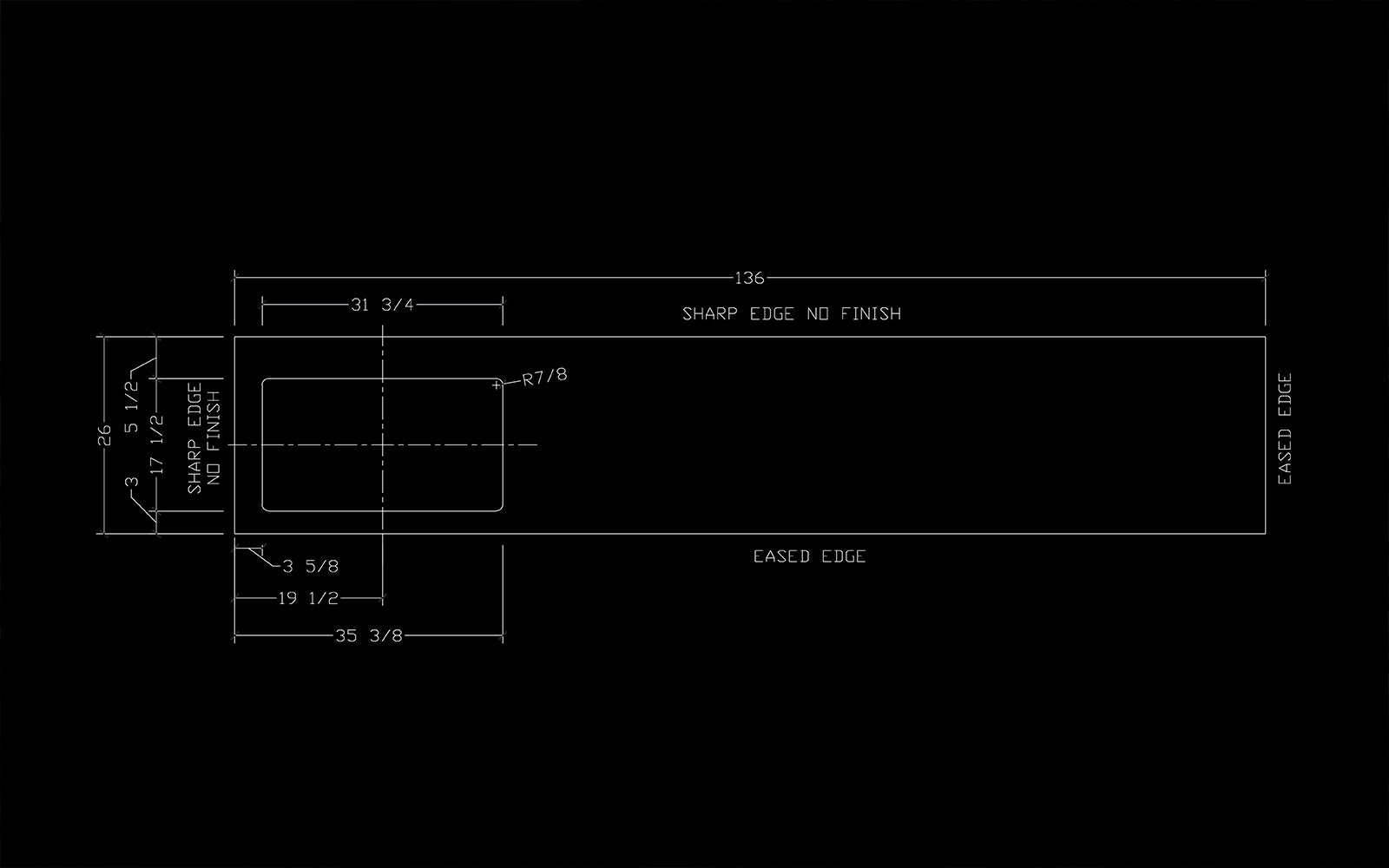 black and white representation of CAD drawing of countertop with sink cutout