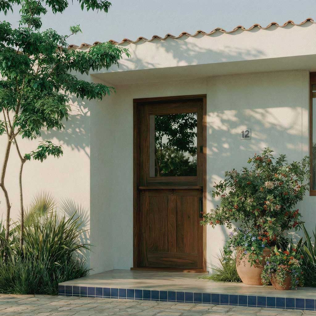 White house exterior with a walnut wood dutch door and potted plants