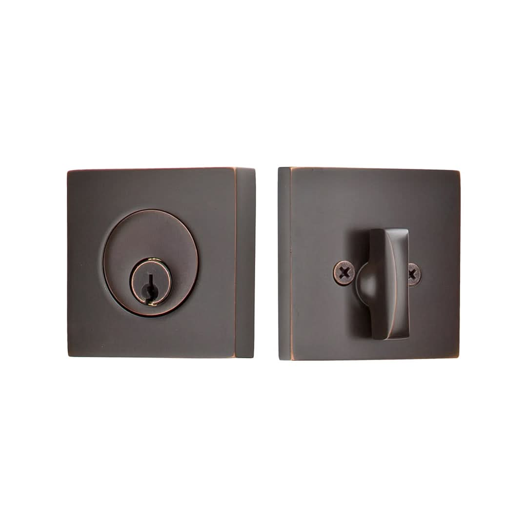 Emtek Square Keyed Deadbolt with Smart Lock Upgrade in dark bronze