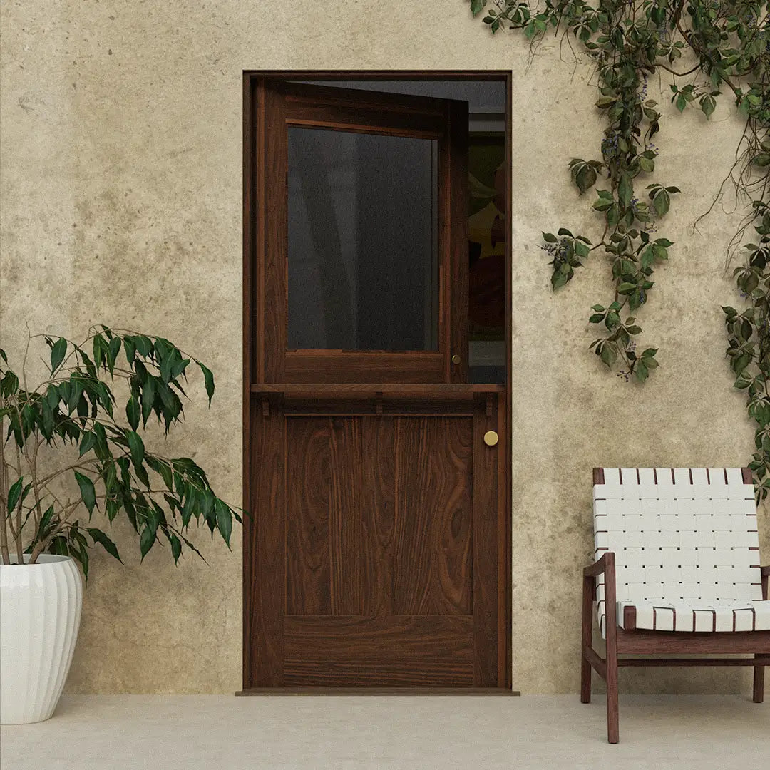 Modern Solid Wood Dutch Door in Walnut on a garden doorway.