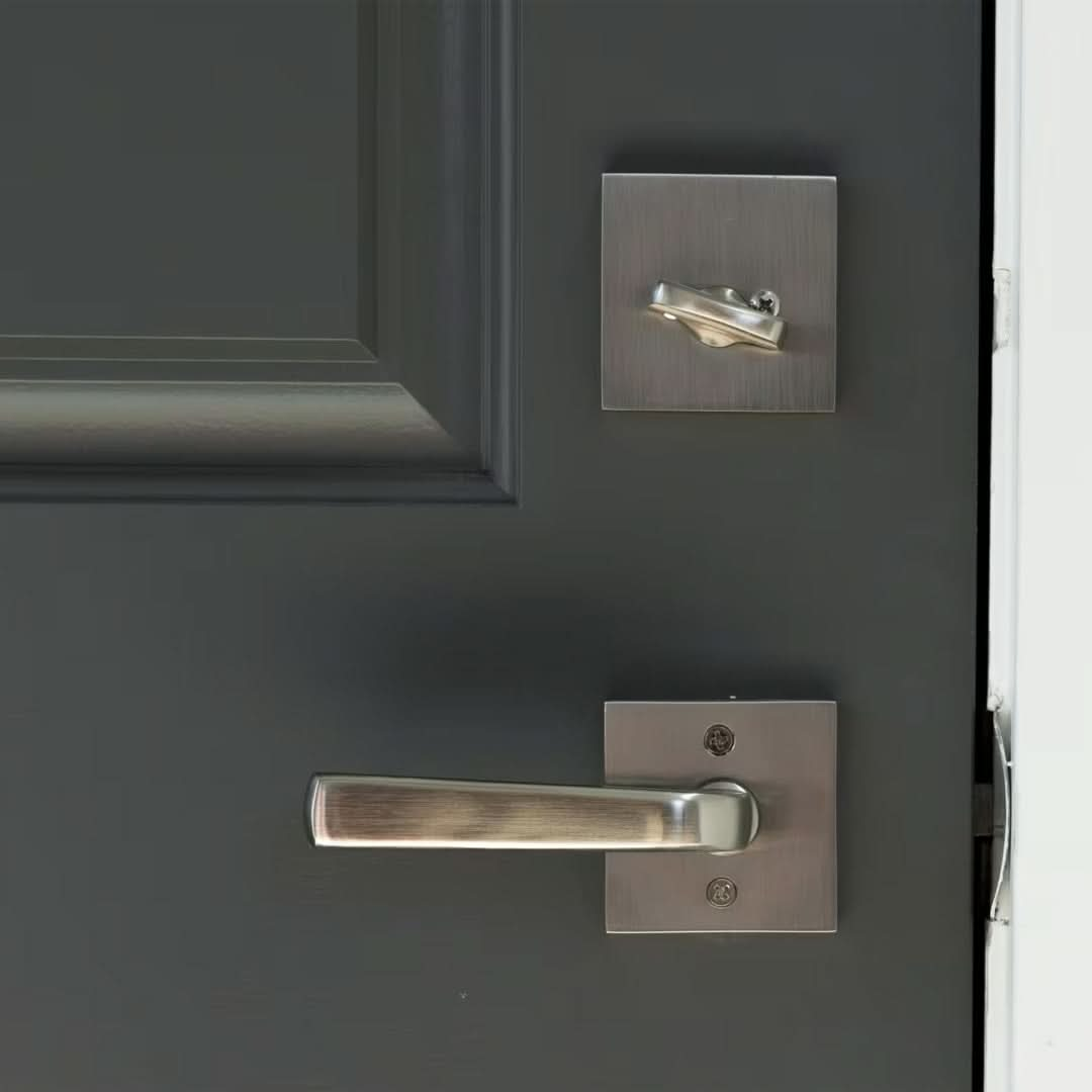 Emtek Square Keyed Deadbolt with Smart Lock Upgrade sating nickel installed in a door