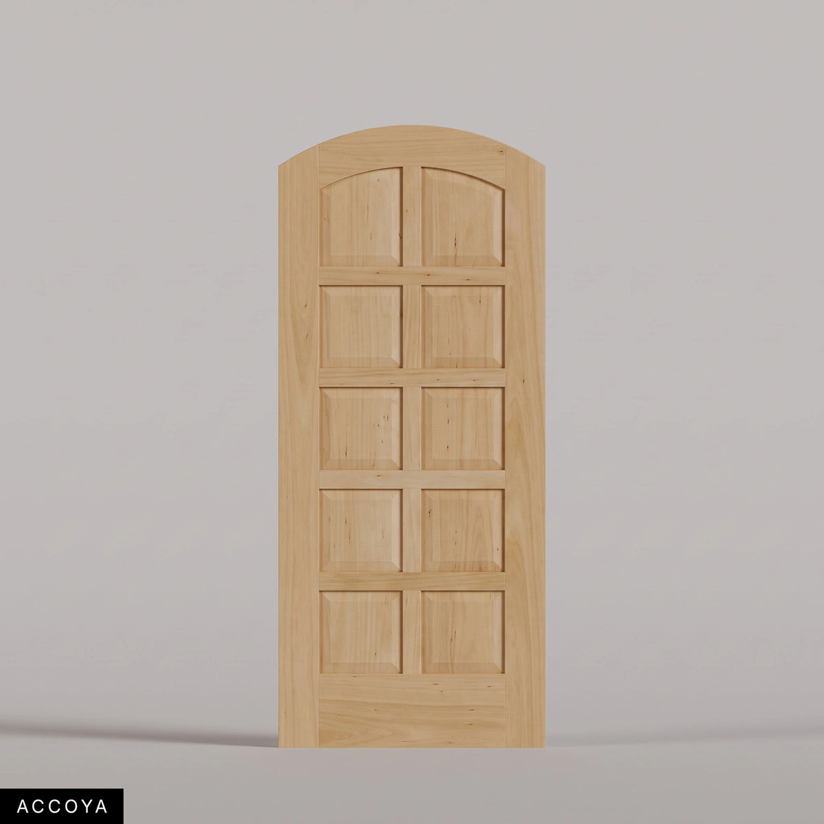 Firenze arched door in Accoya, with ten raised wood panels in two columns. Labeled wood species view.