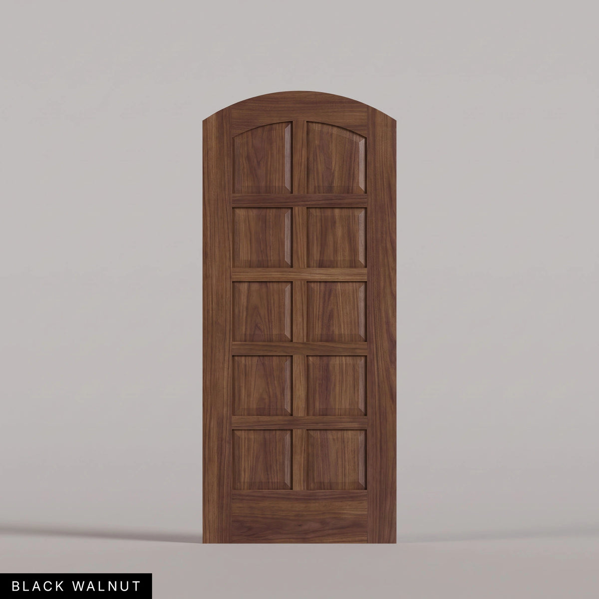 Firenze arched door in Black Walnut, with ten raised wood panels in two columns. Labeled wood species view.