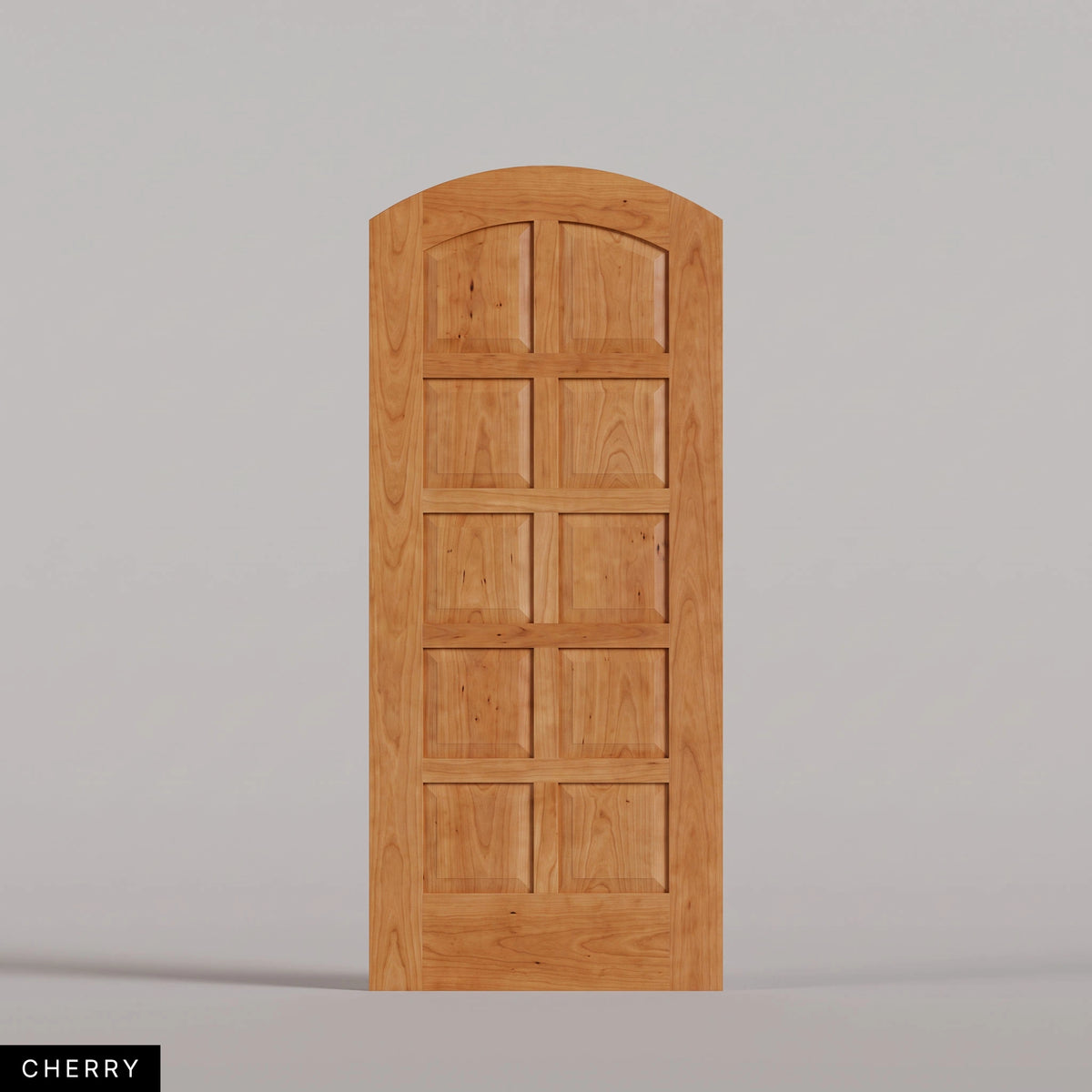 Firenze arched door in Cherry, with ten raised wood panels in two columns. Labeled wood species view.