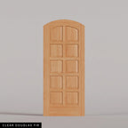 Firenze arched door in Clear Douglas Fir, with ten raised wood panels in two columns. Labeled wood species view.