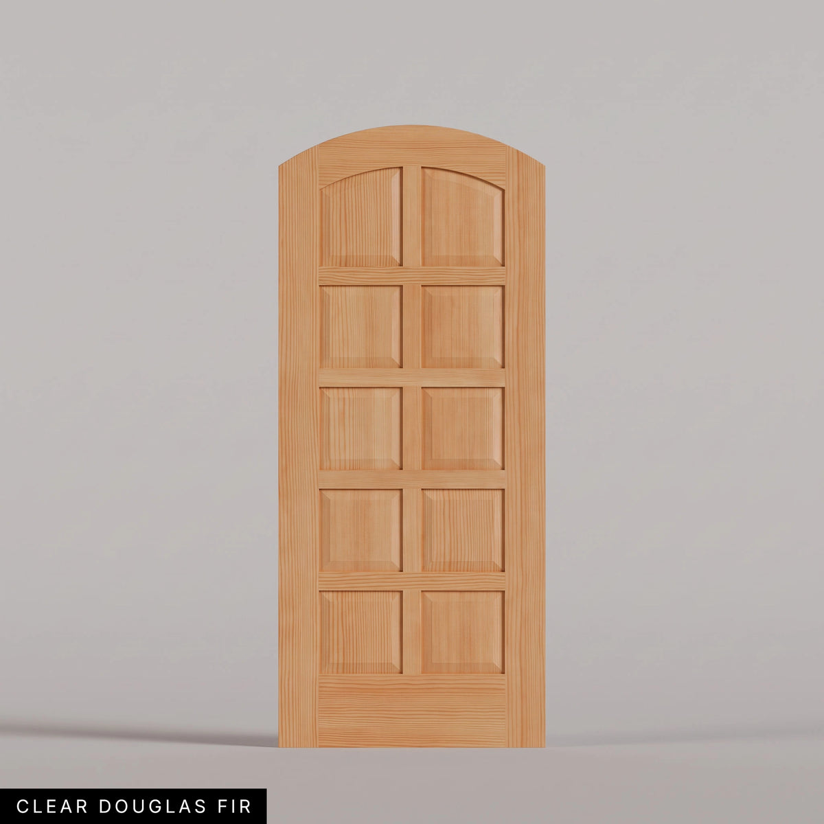 Firenze arched door in Clear Douglas Fir, with ten raised wood panels in two columns. Labeled wood species view.