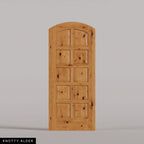 Firenze arched door in Knotty Alder, with ten raised wood panels in two columns. Labeled wood species view.