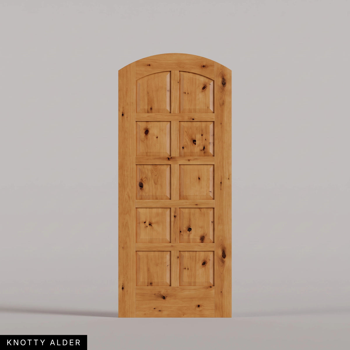 Firenze arched door in Knotty Alder, with ten raised wood panels in two columns. Labeled wood species view.