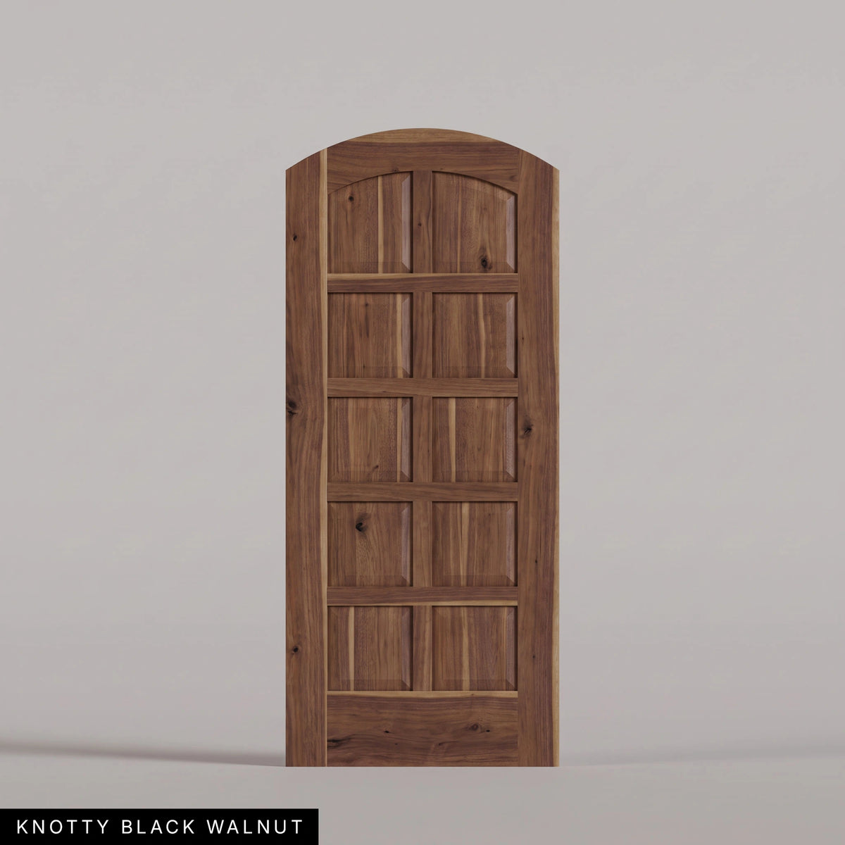 Firenze arched door in Knotty Black Walnut, with ten raised wood panels in two columns. Labeled wood species view.