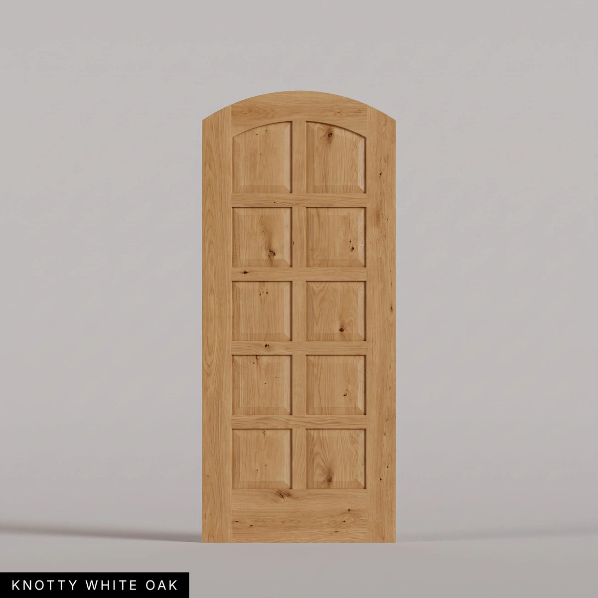 Firenze arched door in Knotty White Oak, with ten raised wood panels in two columns. Labeled wood species view.