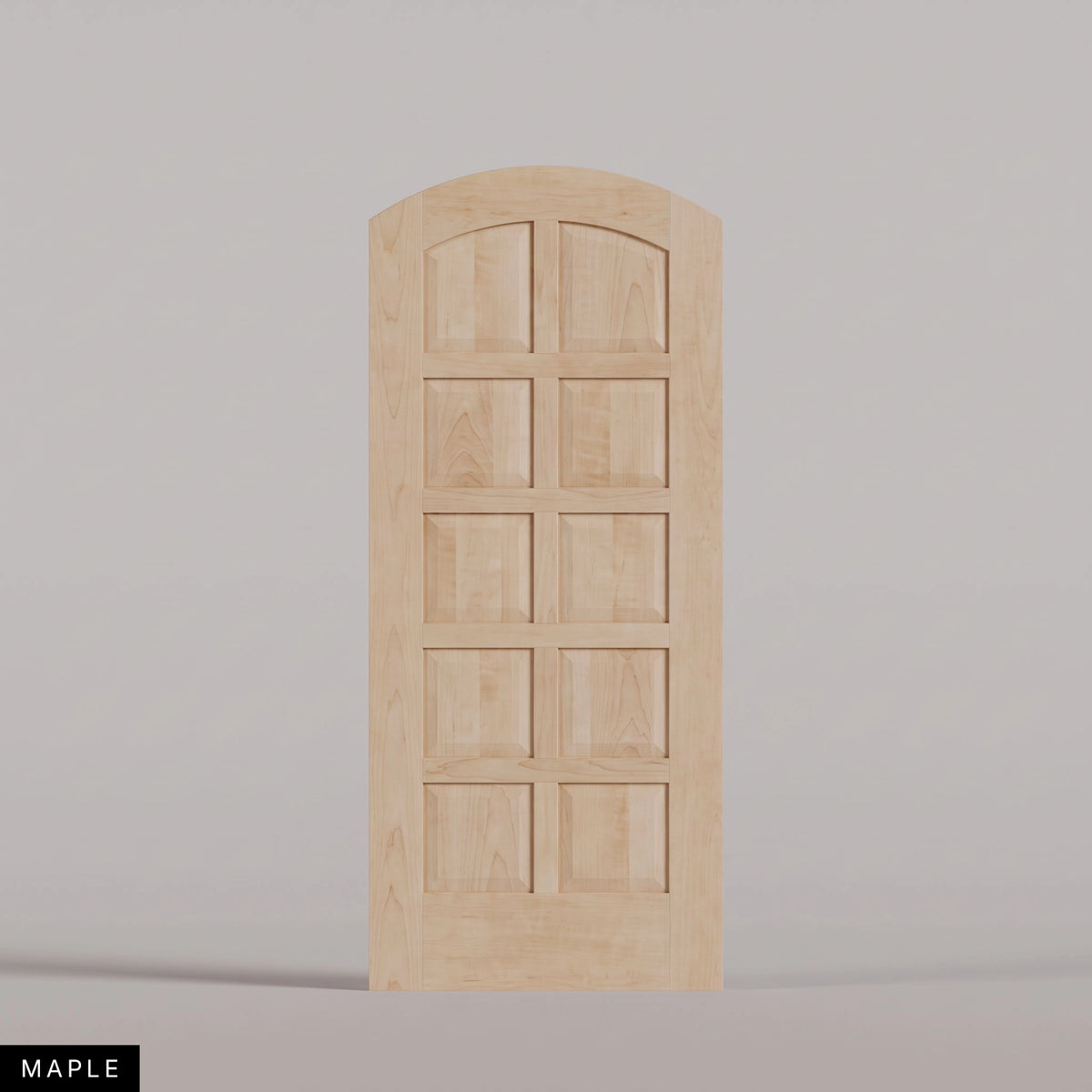 Firenze arched door in Maple, with ten raised wood panels in two columns. Labeled wood species view.