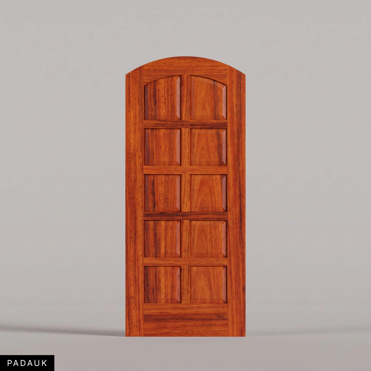 Firenze arched door in Padauk, with ten raised wood panels in two columns. Labeled wood species view.