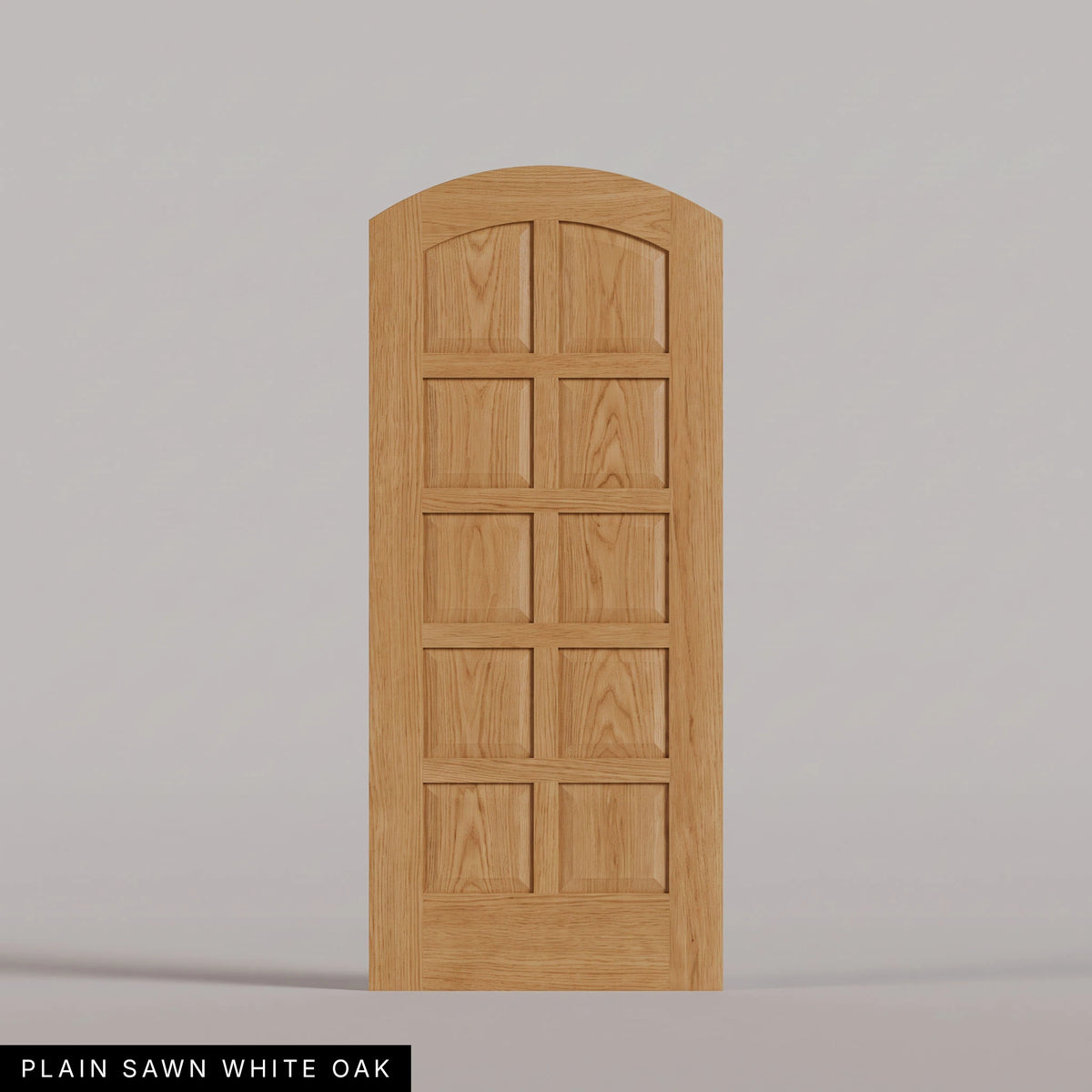 Firenze arched door in Plain Sawn White Oak, with ten raised wood panels in two columns. Labeled wood species view.
