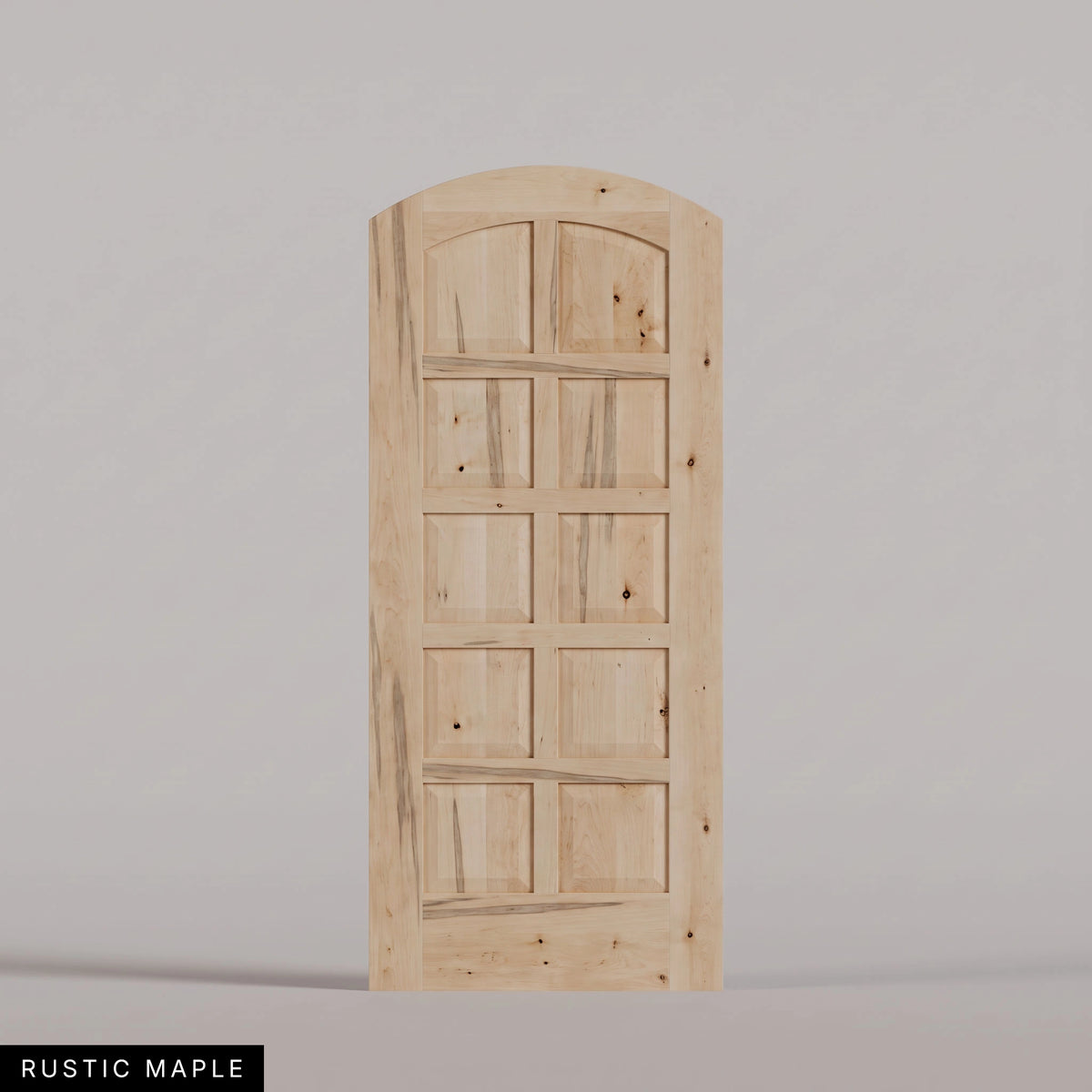 Firenze arched door in Rustic Maple, with ten raised wood panels in two columns. Labeled wood species view.