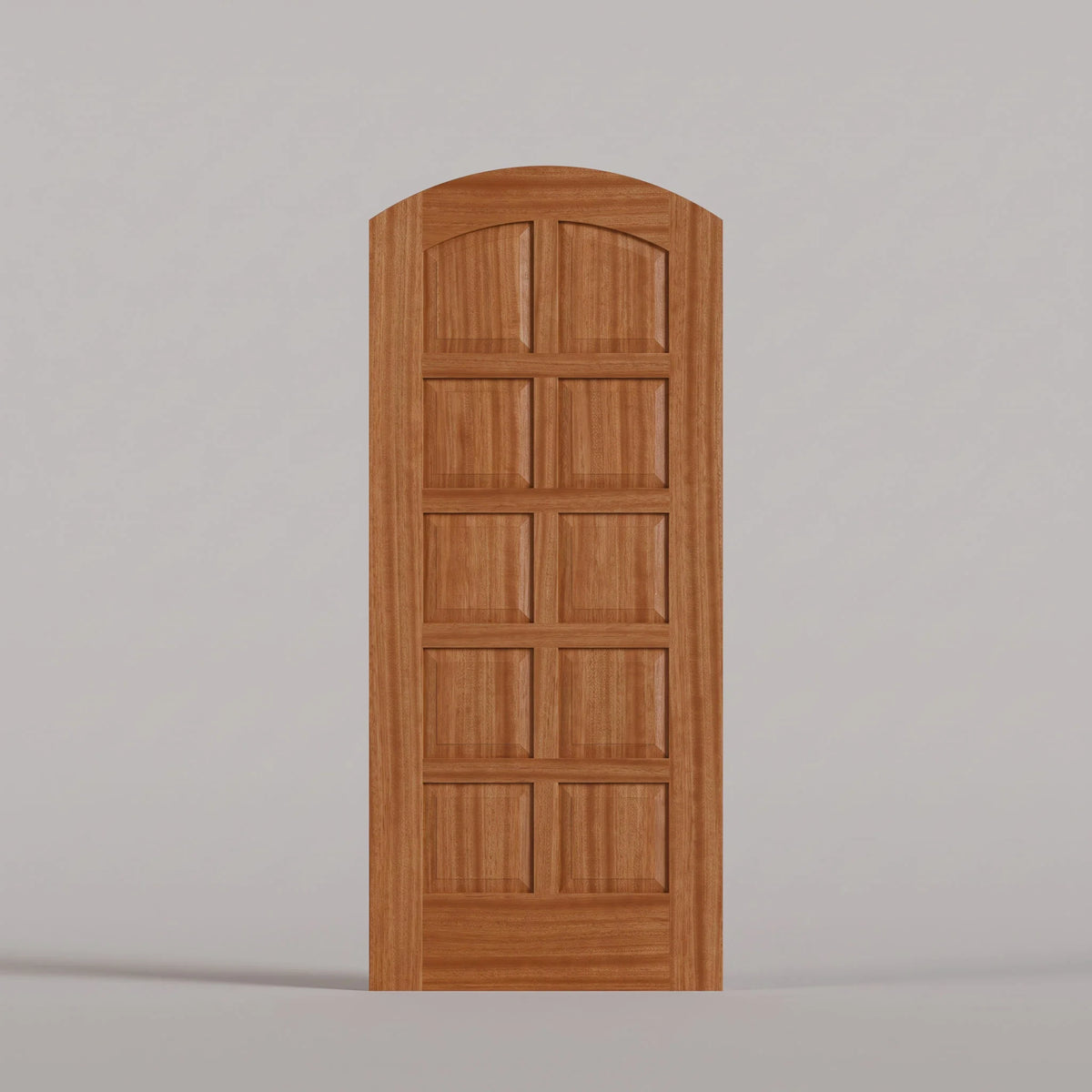 Firenze arched door in Sapele Mahogany, with ten raised wood panels in two columns.