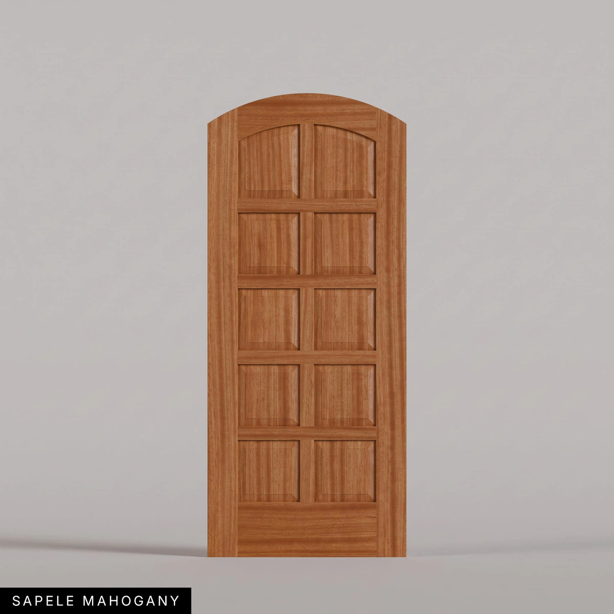 Firenze arched door in Sapele Mahogany, with ten raised wood panels in two columns. Labeled wood species view.