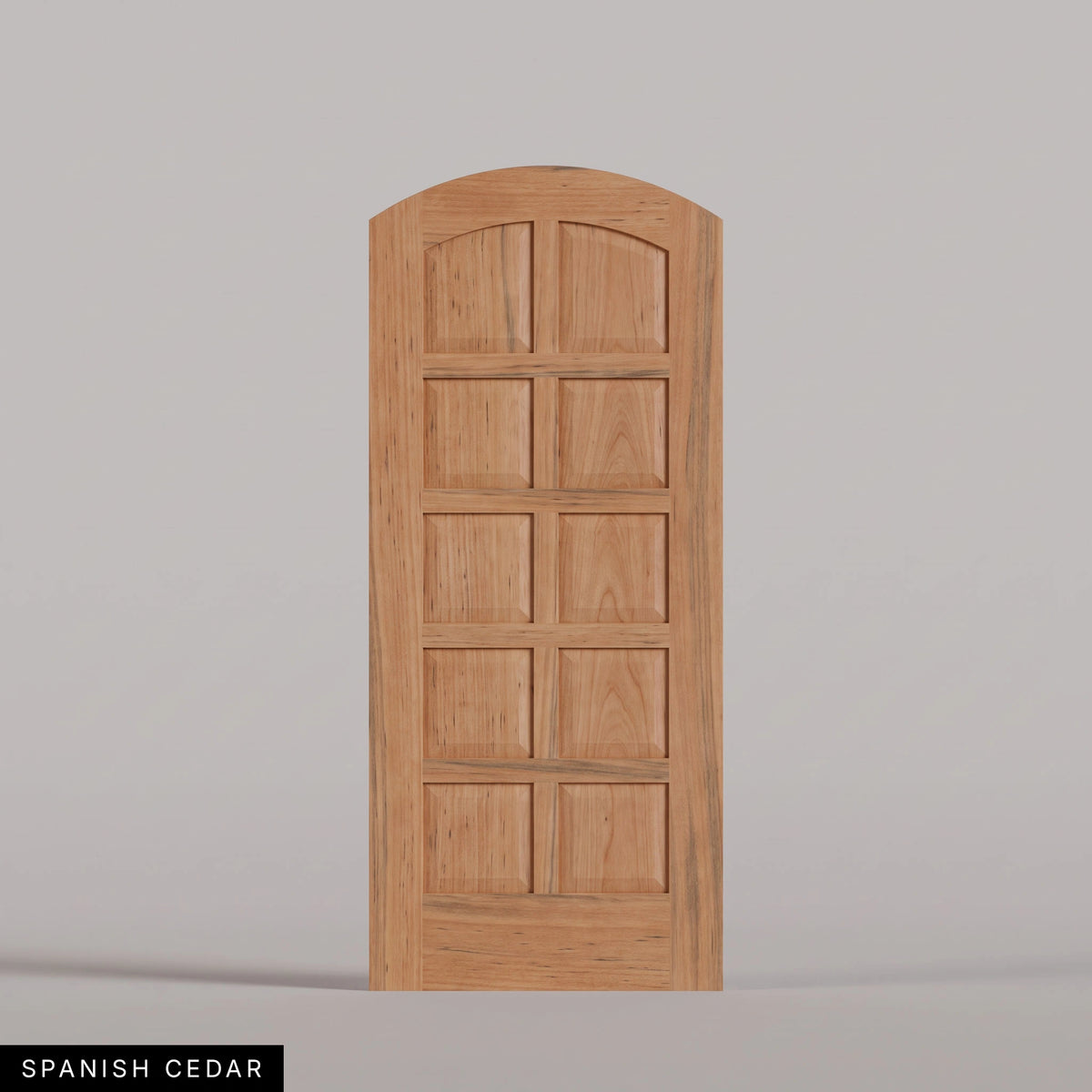 Firenze arched door in Spanish Cedar, with ten raised wood panels in two columns. Labeled wood species view.
