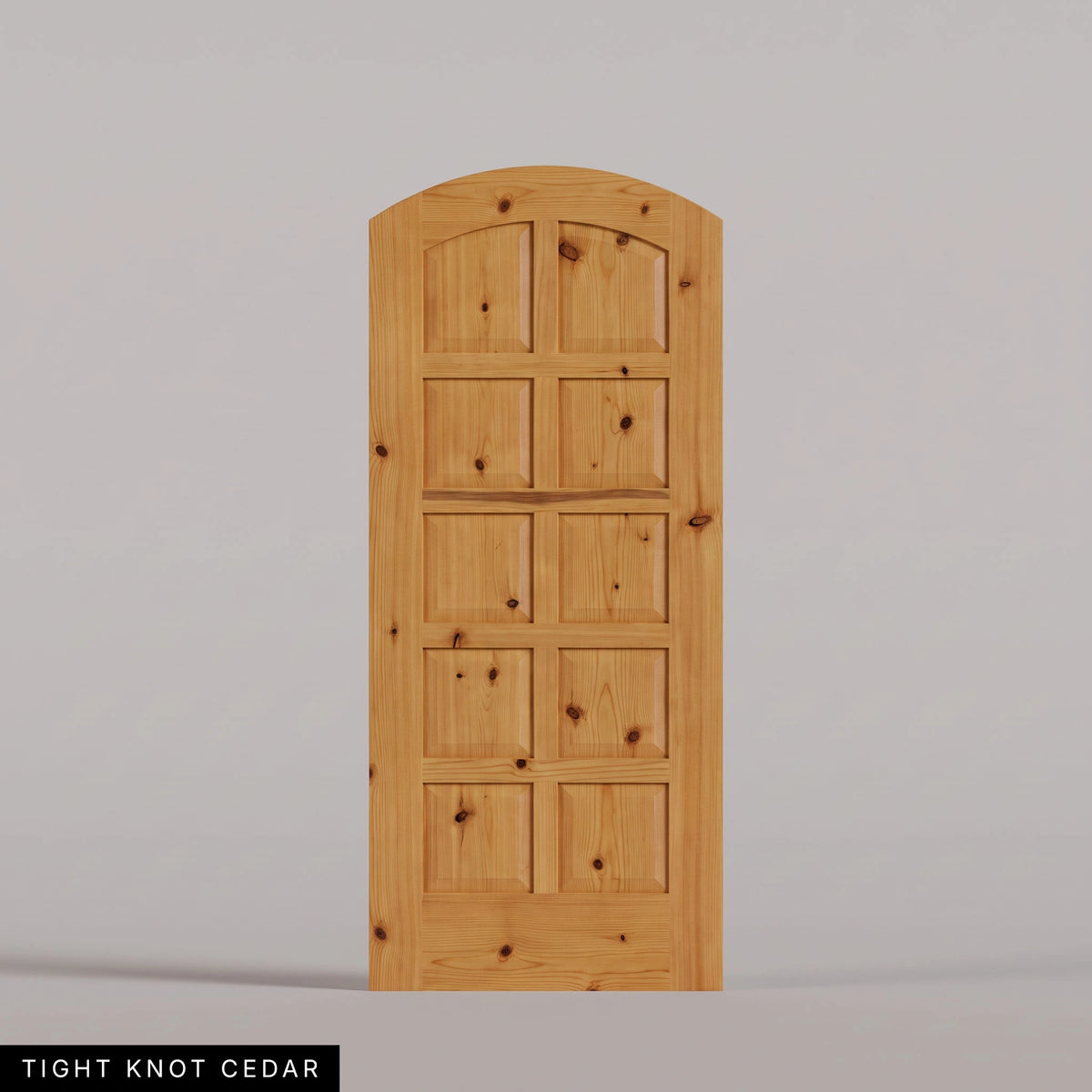 Firenze arched door in Tight Knot Cedar, with ten raised wood panels in two columns. Labeled wood species view.