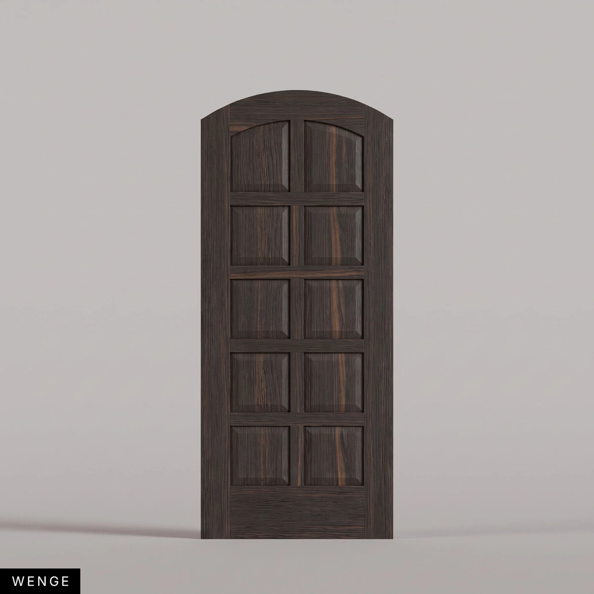 Firenze arched door in Wenge, with ten raised wood panels in two columns. Labeled wood species view.