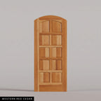 Firenze arched door in Western Red Cedar, with ten raised wood panels in two columns. Labeled wood species view.