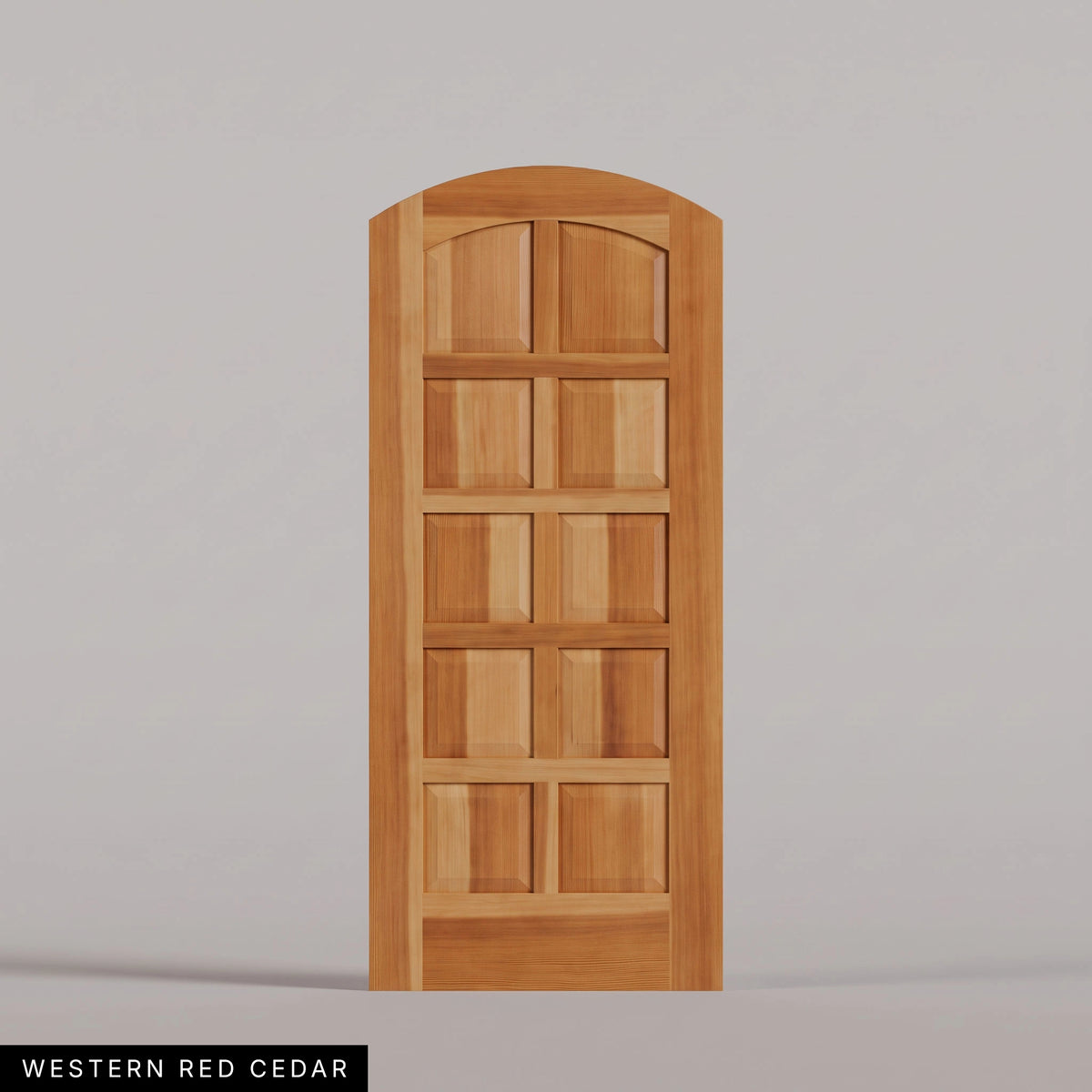 Firenze arched door in Western Red Cedar, with ten raised wood panels in two columns. Labeled wood species view.