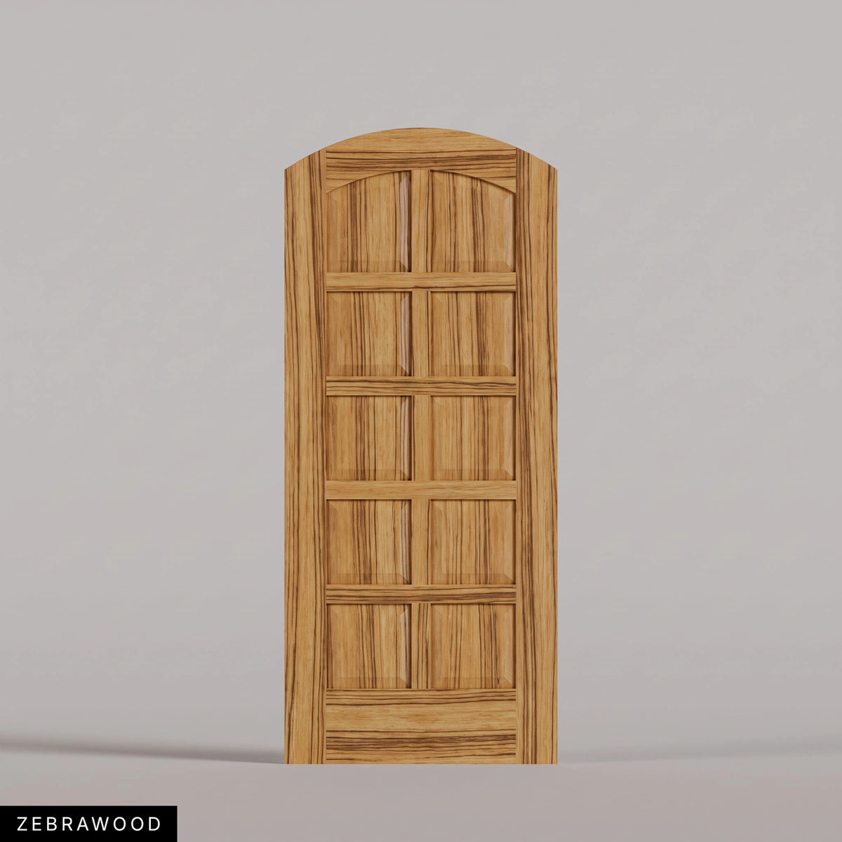 Firenze arched door in Zebrawood, with ten raised wood panels in two columns. Labeled wood species view.