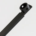 A close-up of a matte black metal hardware component, likely a bracket or mounting piece, shown diagonally against a clean light gray background.