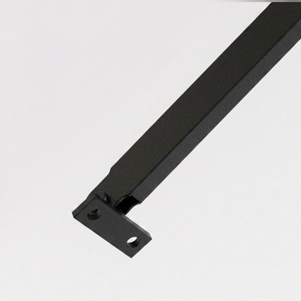 A close-up of a black metal mounting bracket with a long, straight arm extending diagonally across a plain light gray background.