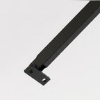 A close-up of a black metal mounting bracket with a long, straight arm extending diagonally across a plain light gray background.