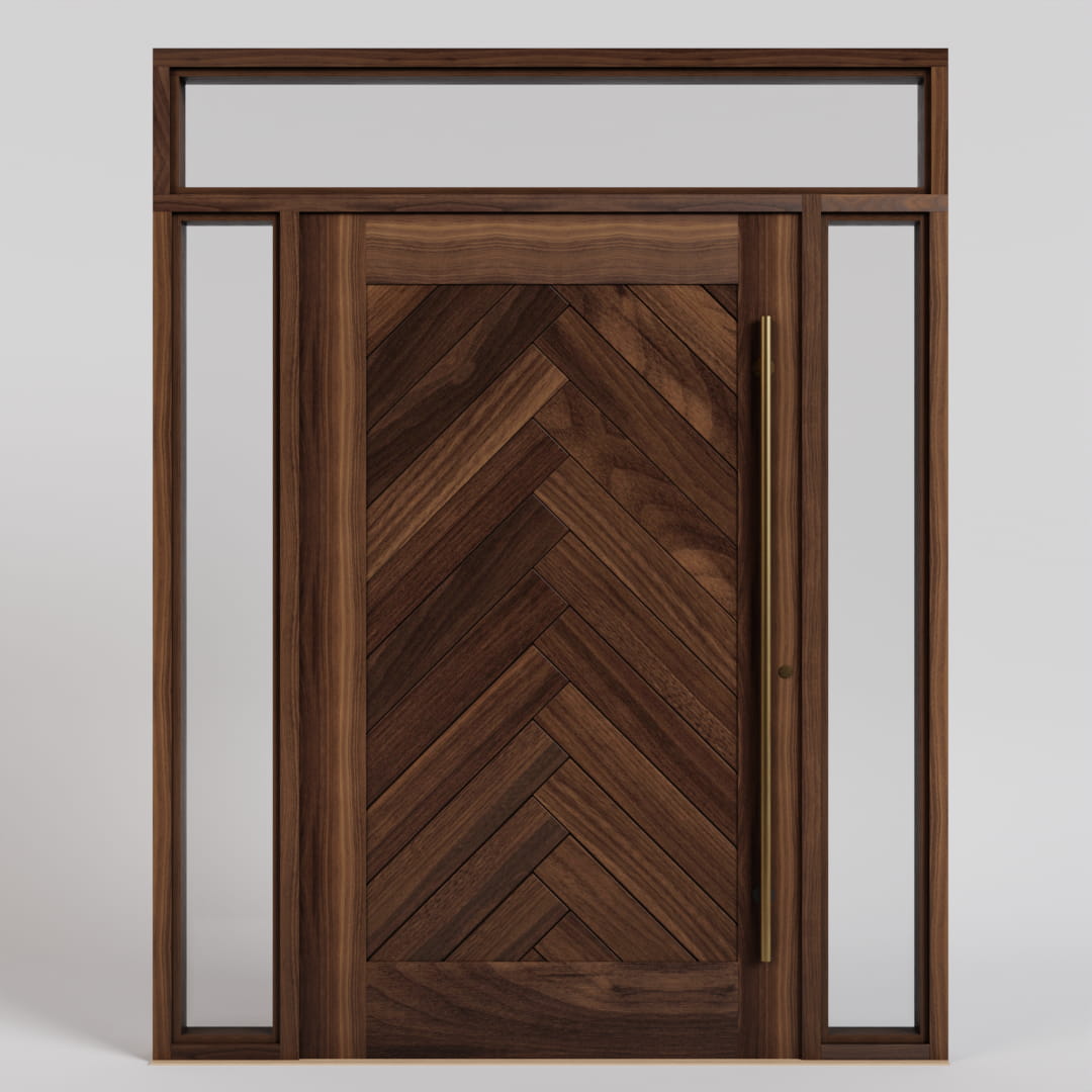 Montauk Herringbone Pivot Door with sidelights and transom and a long brass handle
