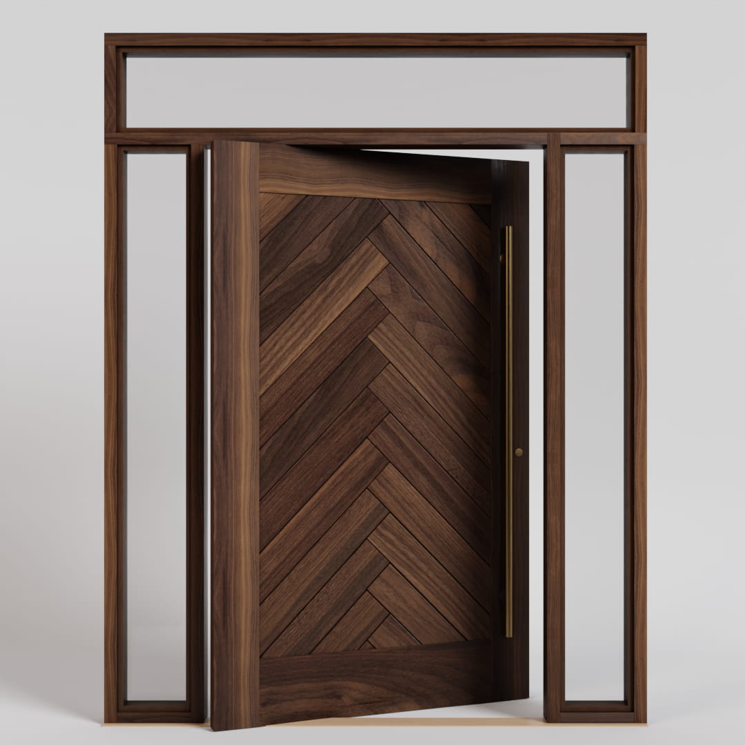Open Montauk Herringbone Pivot Door with sidelights and transom and a long brass handle