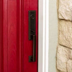 Emtek Art Deco Tubular Entry Front Door Handle & Lock on a red door