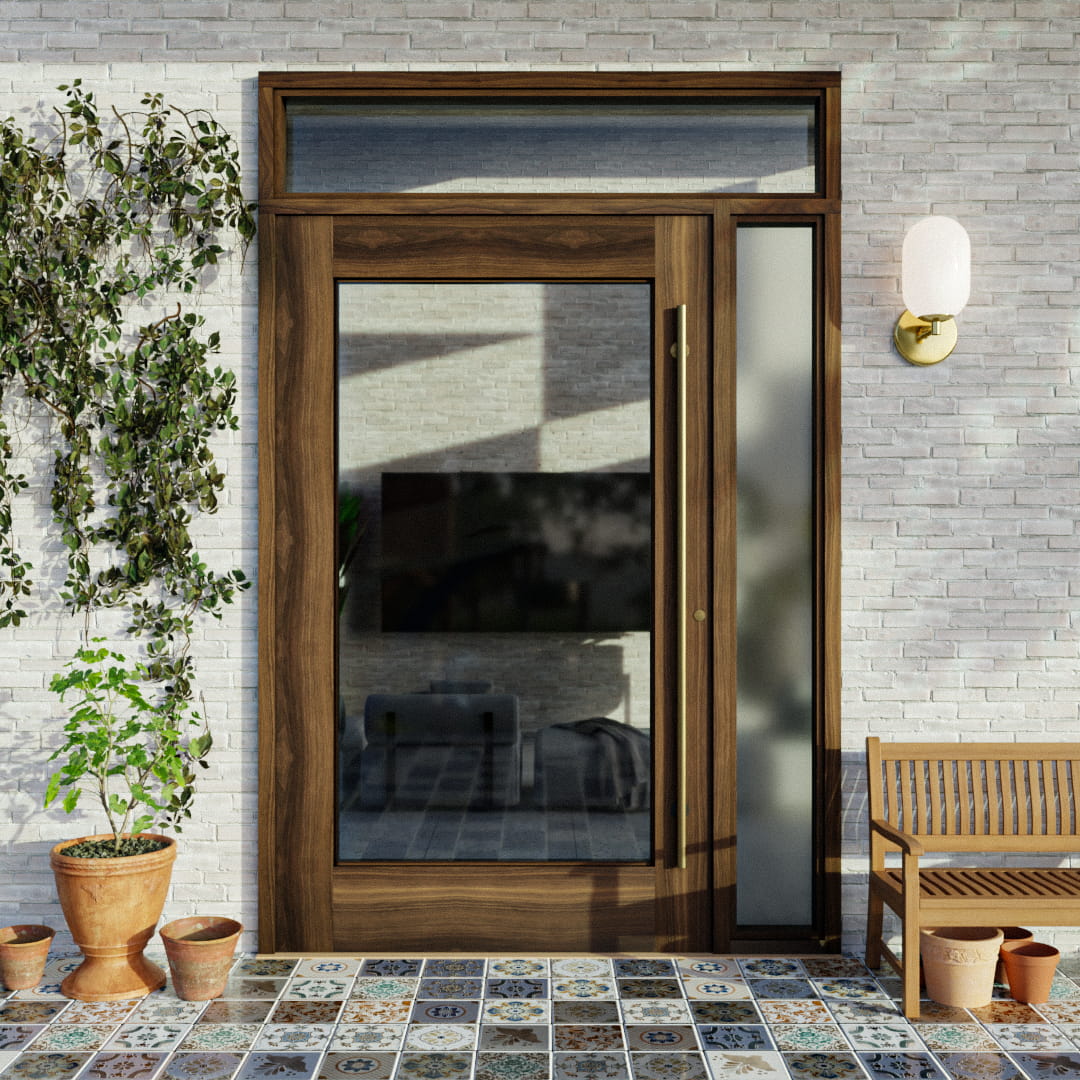 Marin Single Panel Glass Pivot Door on a white brick wall next to plants and a bench