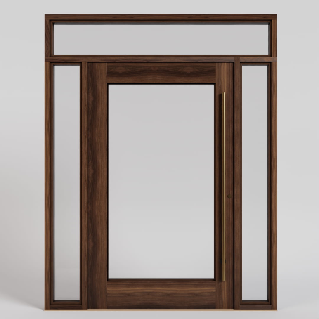 Marin Single Panel Glass Pivot Door with Sidelights and transom and a brass handle