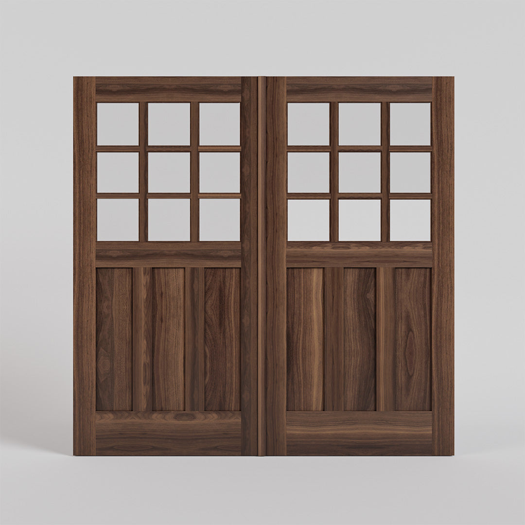 Ballard Walnut Wood Carriage Doors with Nine individual glass panes