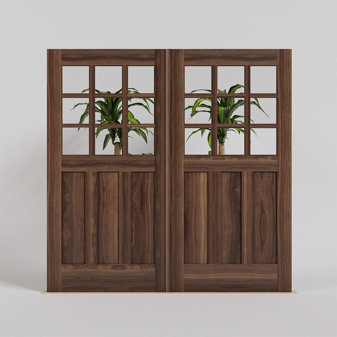 Ballard Walnut Wood Carriage Doors with Nine individual clear glass panes