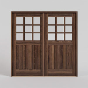 Ballard Walnut Wood Carriage Doors with Nine individual glass panes with a jamb and threshold