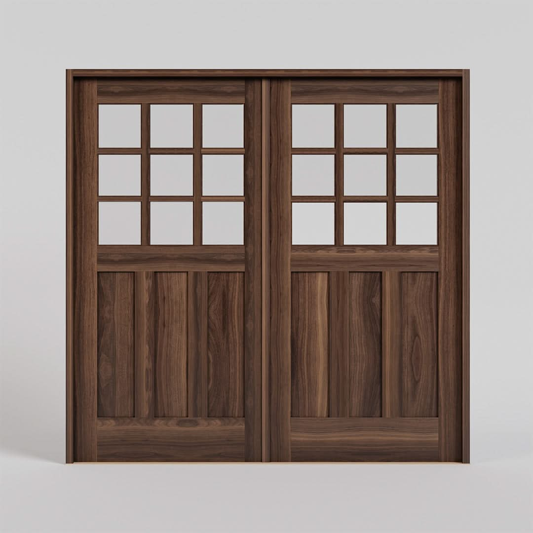 Ballard Walnut Wood Carriage Doors with Nine individual glass panes with a jamb and threshold