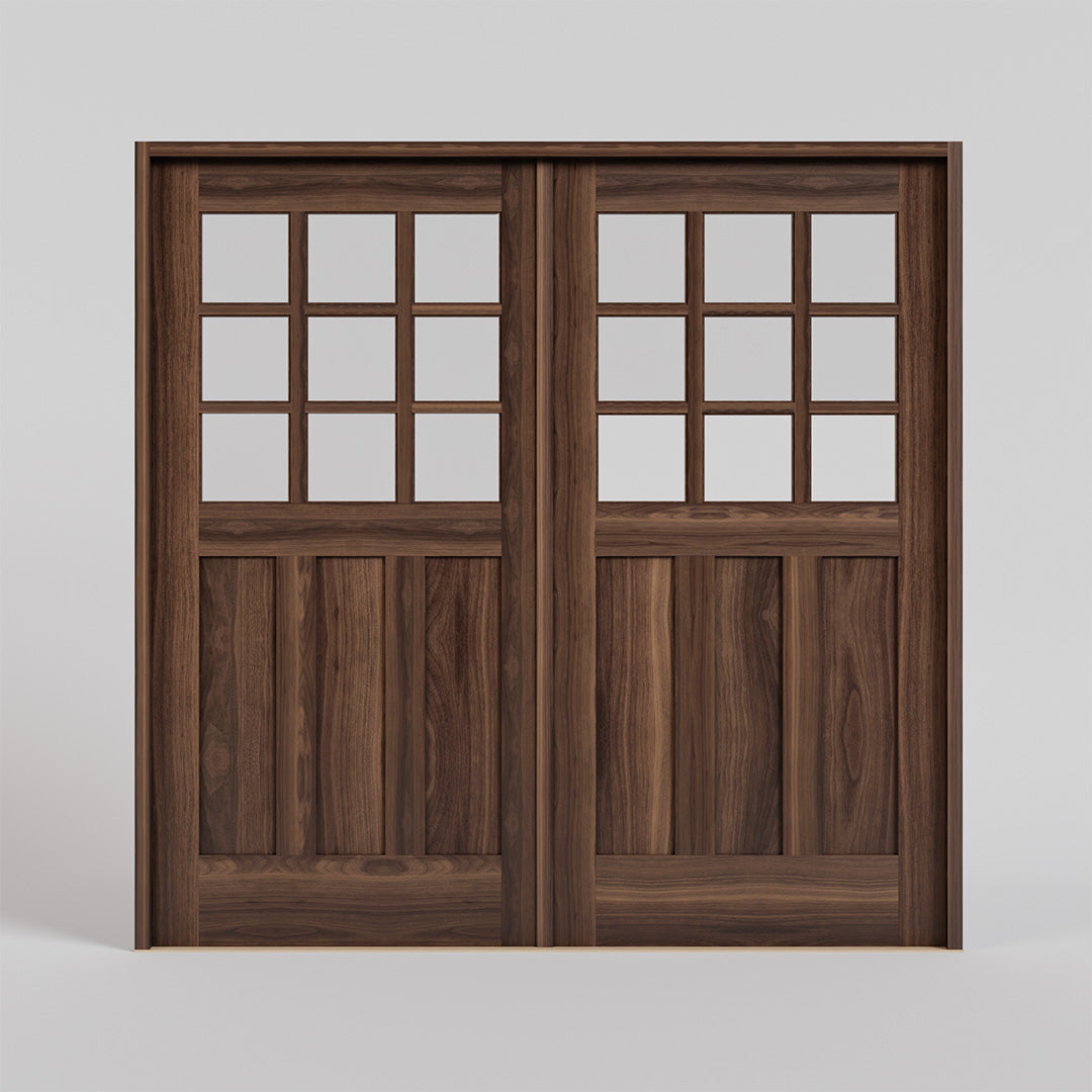 Ballard Walnut Wood Carriage Doors with Nine individual glass panes with a jamb and threshold