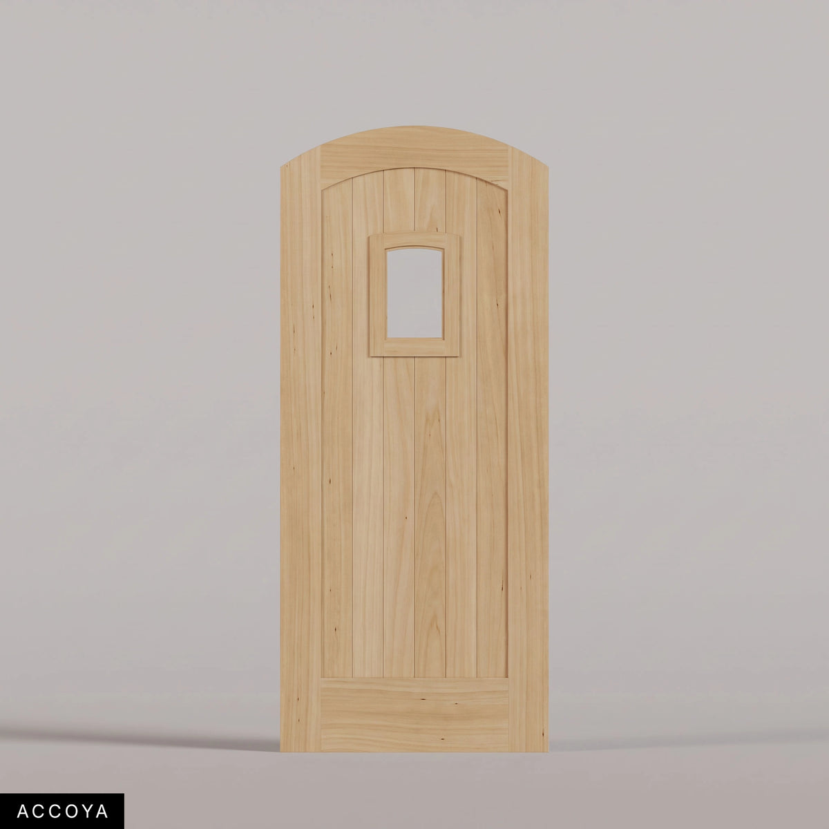 Modena arched door in Accoya, with vertical wood planks and a small arched-top window. Labeled wood species view.