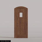 Modena arched door in Black Walnut, with vertical wood planks and a small arched-top window. Labeled wood species view.