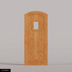Modena arched door in Cherry, with vertical wood planks and a small arched-top window. Labeled wood species view.