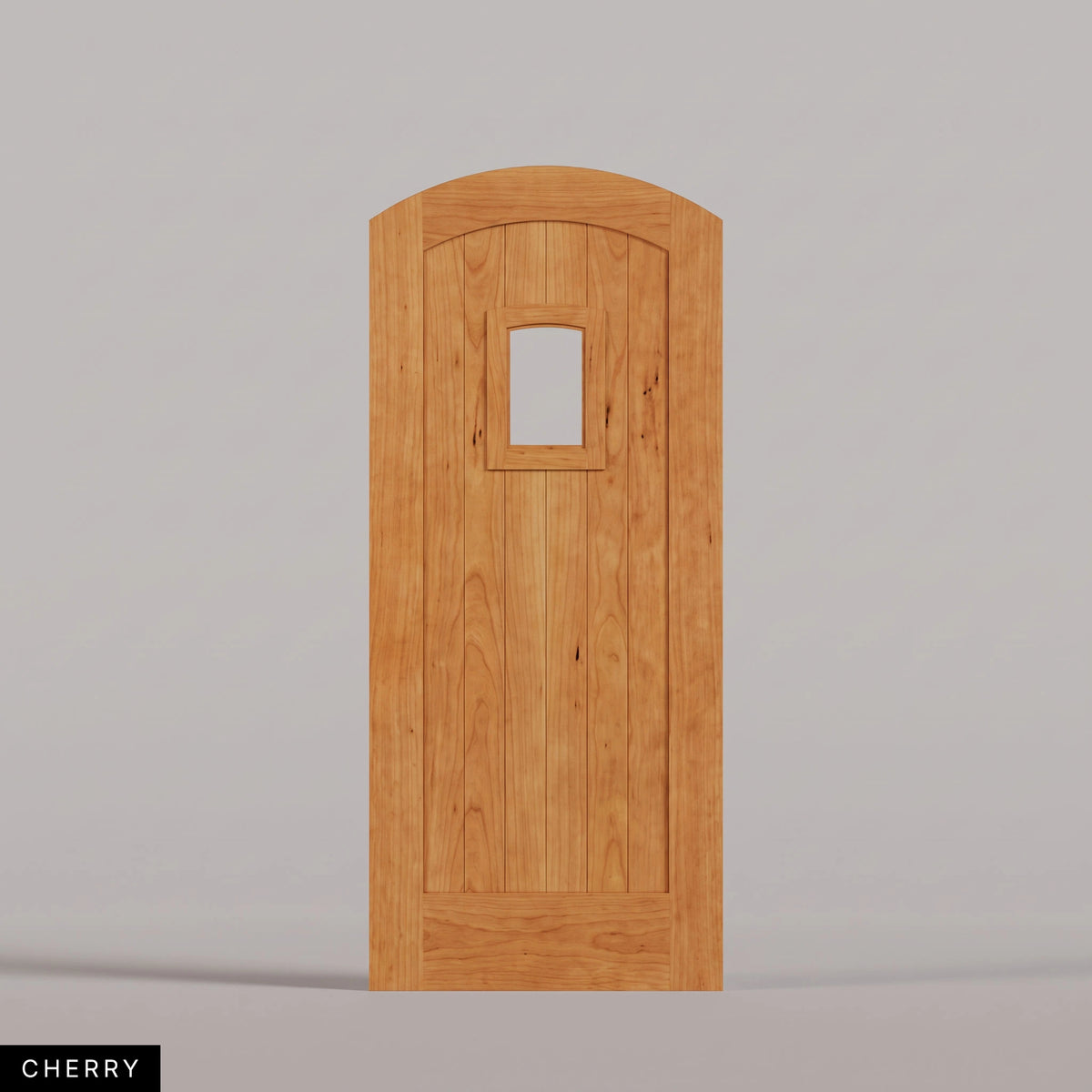 Modena arched door in Cherry, with vertical wood planks and a small arched-top window. Labeled wood species view.