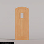 Modena arched door in Clear Douglas Fir, with vertical wood planks and a small arched-top window. Labeled wood species view.