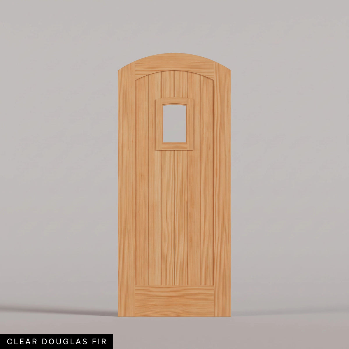 Modena arched door in Clear Douglas Fir, with vertical wood planks and a small arched-top window. Labeled wood species view.