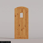 Modena arched door in Knotty Alder, with vertical wood planks and a small arched-top window. Labeled wood species view.