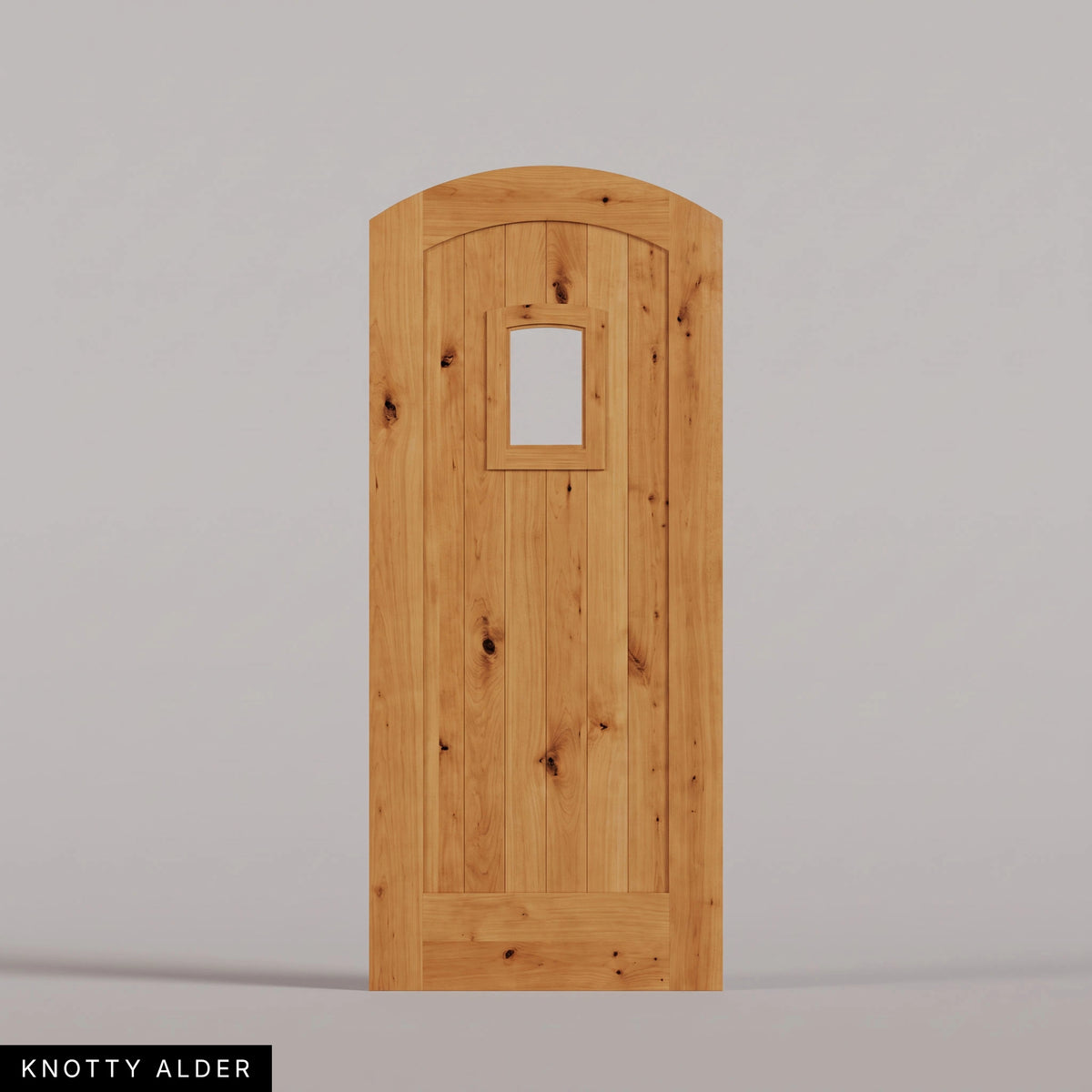 Modena arched door in Knotty Alder, with vertical wood planks and a small arched-top window. Labeled wood species view.