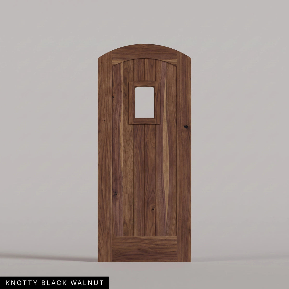 Modena arched door in Knotty Black Walnut, with vertical wood planks and a small arched-top window. Labeled wood species view.