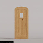 Modena arched door in Knotty White Oak, with vertical wood planks and a small arched-top window. Labeled wood species view.